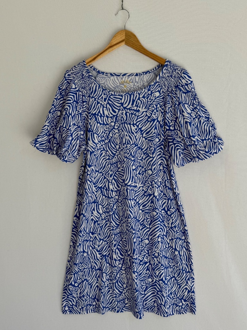 LILLY PULITZER Women’s Large Blue & White Print Bubble Short Sleeve Rosen Dress - Picture 7 of 7